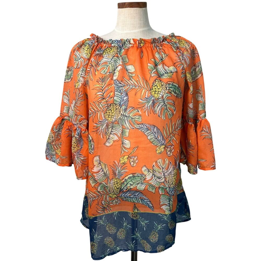 Beach Lunch Lounge XL Orange Pineapple Print Ruffle Sleeve Tunic Cover Up AOP